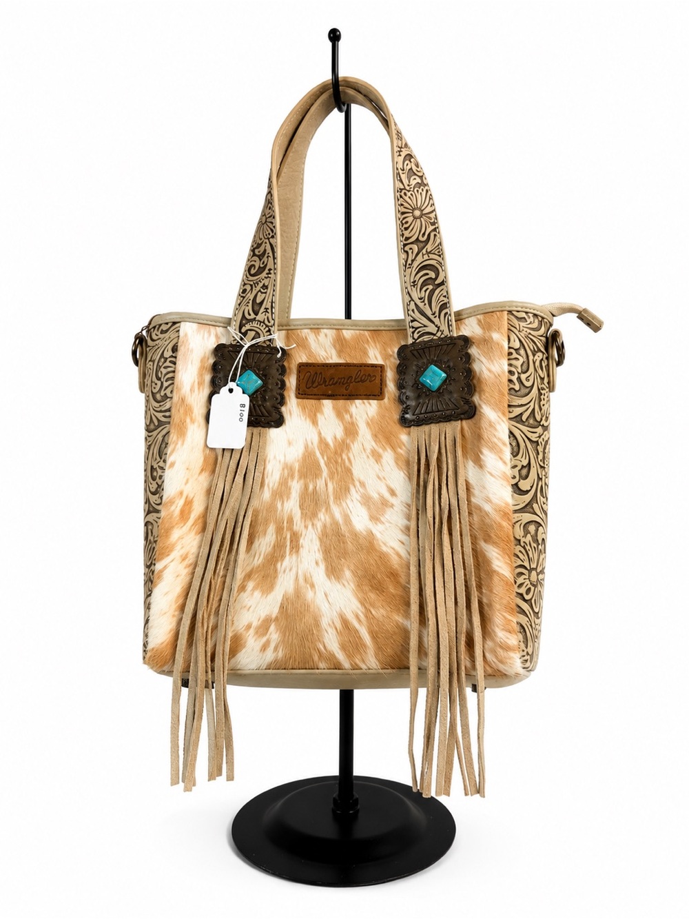 Wrangler Tan & White Haircalf Fringe Tote with Turquoise Accents